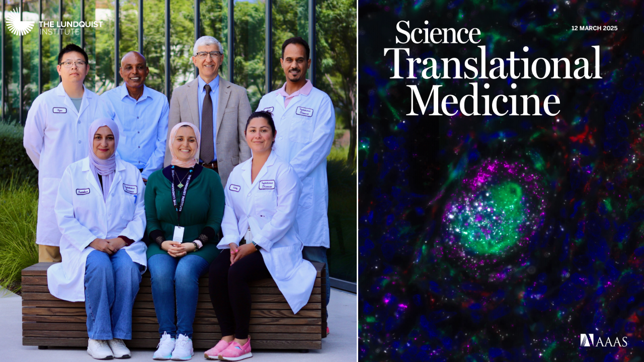 Group of medical professionals pictured in the left column. Cover of Science Translational Medicine in the right column.