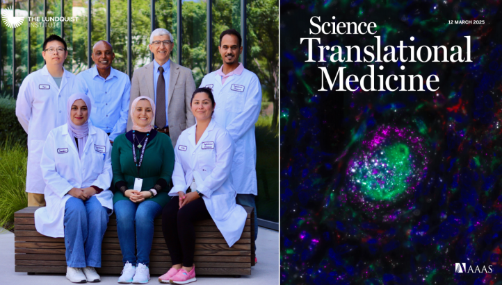 Group of medical professionals pictured in the left column. Cover of Science Translational Medicine in the right column.